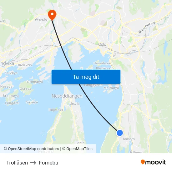 Trollåsen to Fornebu map