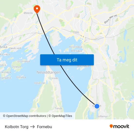 Kolbotn Torg to Fornebu map