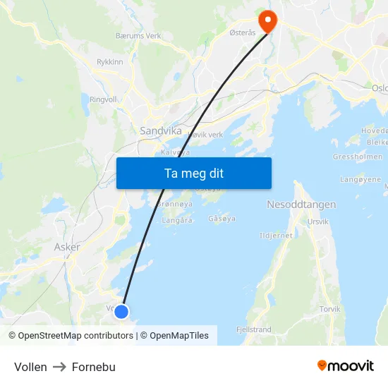 Vollen to Fornebu map