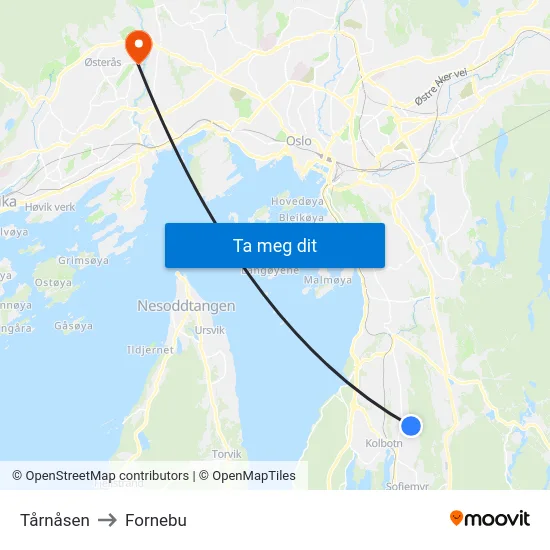 Tårnåsen to Fornebu map