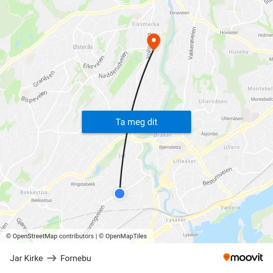 Jar Kirke to Fornebu map