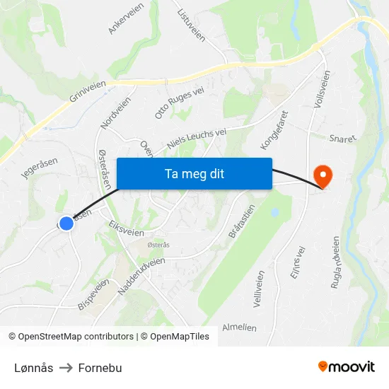 Lønnås to Fornebu map