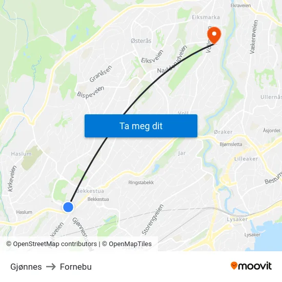 Gjønnes to Fornebu map