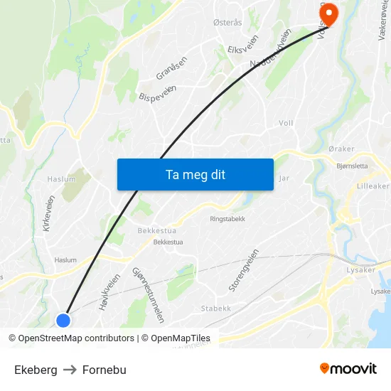 Ekeberg to Fornebu map