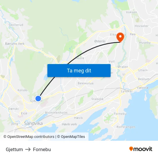 Gjettum to Fornebu map