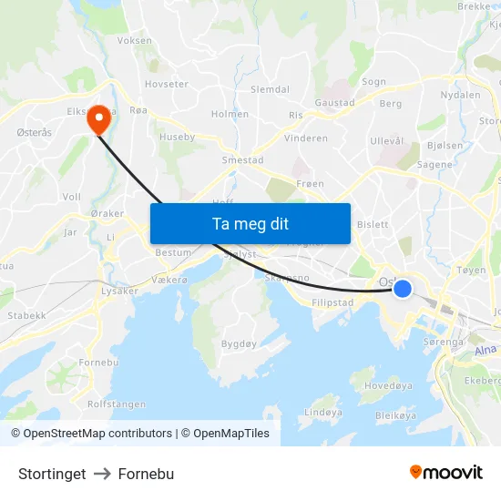 Stortinget to Fornebu map
