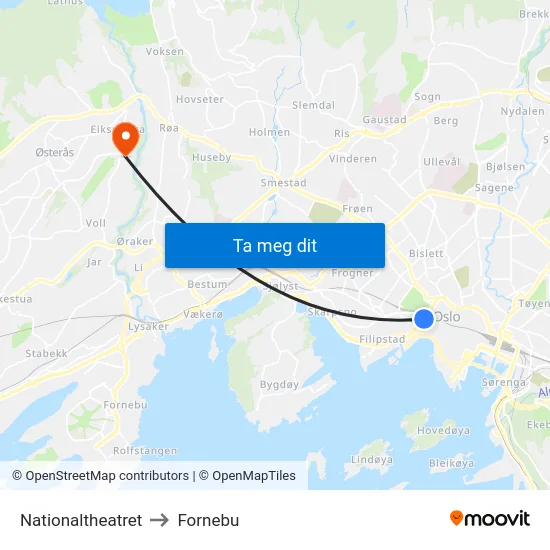 Nationaltheatret to Fornebu map