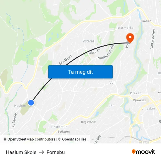 Haslum Skole to Fornebu map
