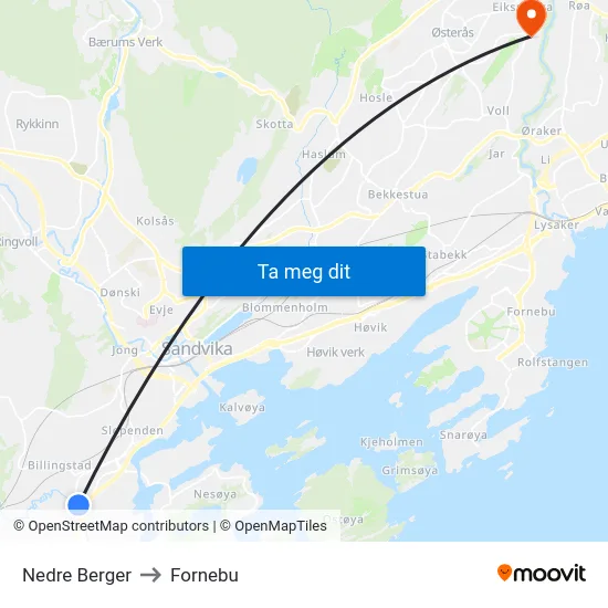 Nedre Berger to Fornebu map