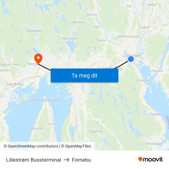 Lillestrøm Bussterminal to Fornebu map