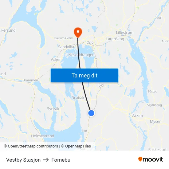Vestby Stasjon to Fornebu map