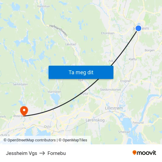Jessheim Vgs to Fornebu map