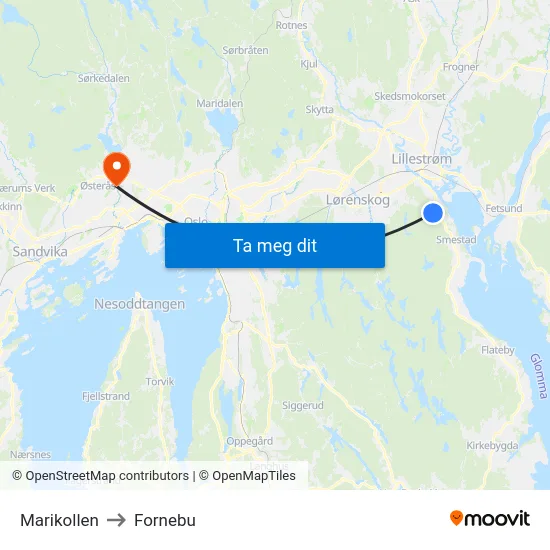 Marikollen to Fornebu map