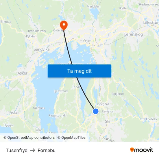 Tusenfryd to Fornebu map