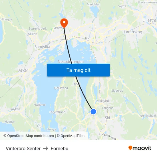 Vinterbro Senter to Fornebu map