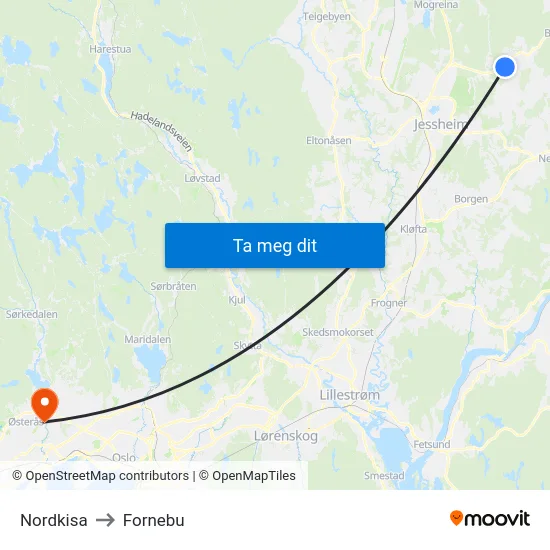 Nordkisa to Fornebu map
