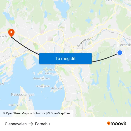 Glenneveien to Fornebu map