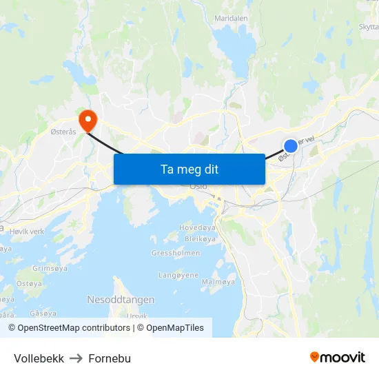 Vollebekk to Fornebu map