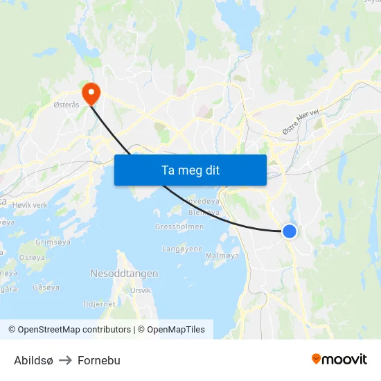 Abildsø to Fornebu map