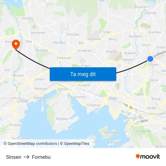 Sinsen to Fornebu map