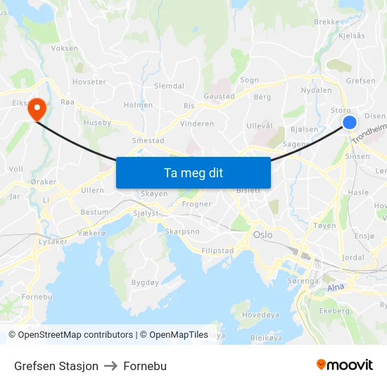 Grefsen Stasjon to Fornebu map
