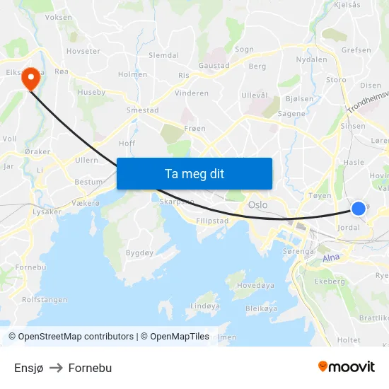 Ensjø to Fornebu map
