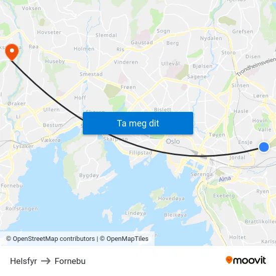Helsfyr to Fornebu map