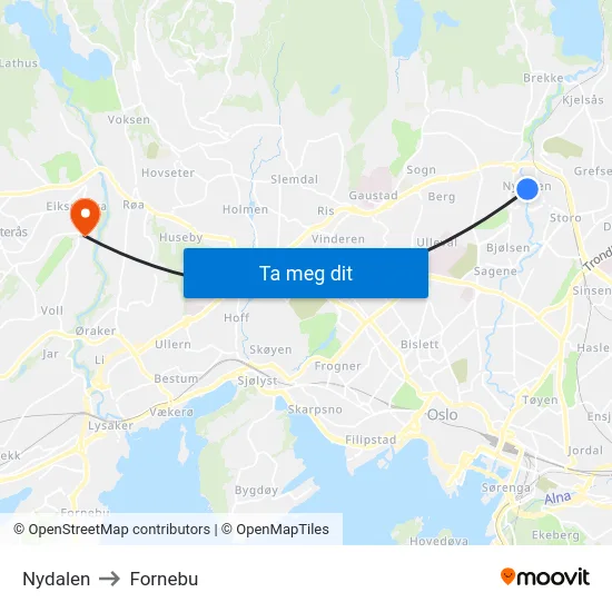 Nydalen to Fornebu map