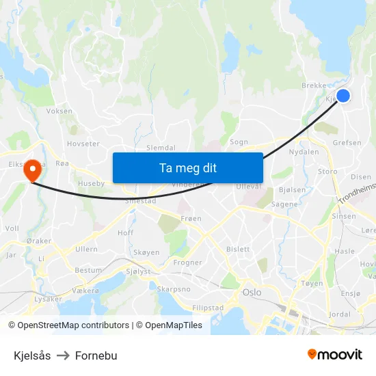 Kjelsås to Fornebu map