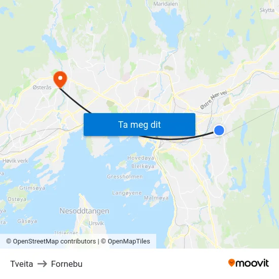 Tveita to Fornebu map