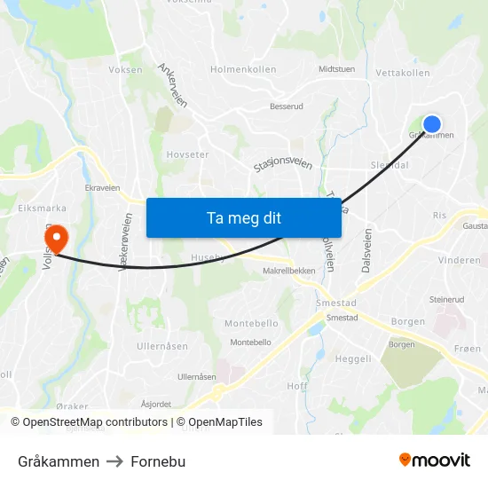 Gråkammen to Fornebu map