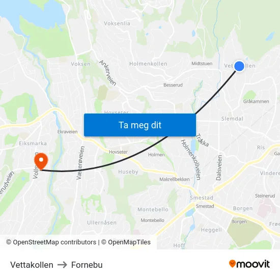 Vettakollen to Fornebu map