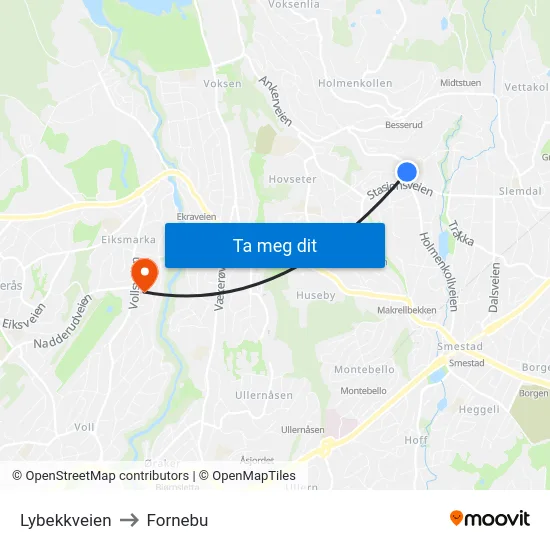Lybekkveien to Fornebu map