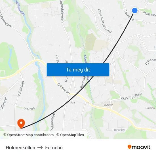 Holmenkollen to Fornebu map