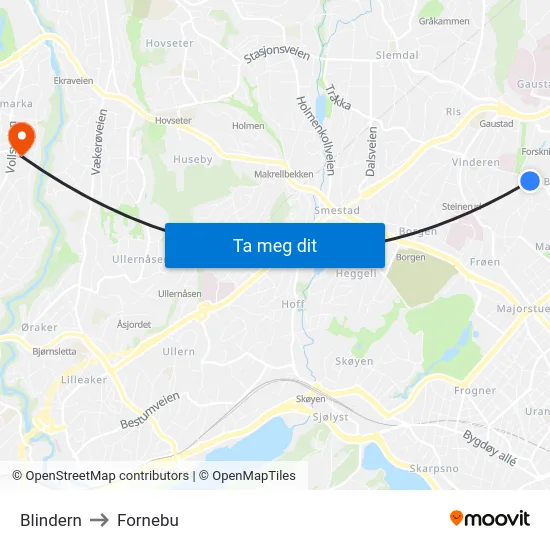 Blindern to Fornebu map