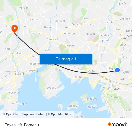 Tøyen to Fornebu map