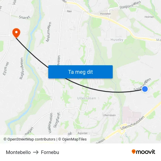Montebello to Fornebu map
