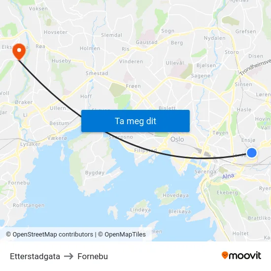Etterstadgata to Fornebu map