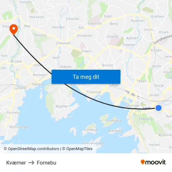 Kværner to Fornebu map