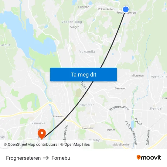 Frognerseteren to Fornebu map