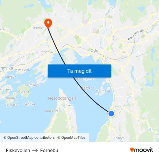 Fiskevollen to Fornebu map
