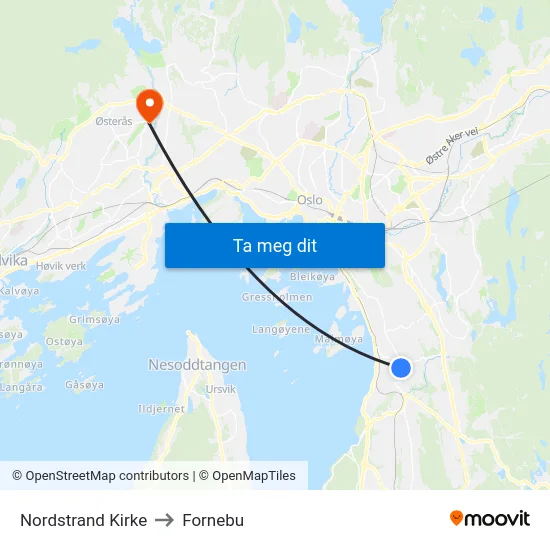 Nordstrand Kirke to Fornebu map