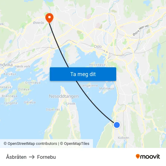 Åsbråten to Fornebu map