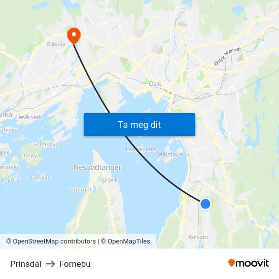 Prinsdal to Fornebu map