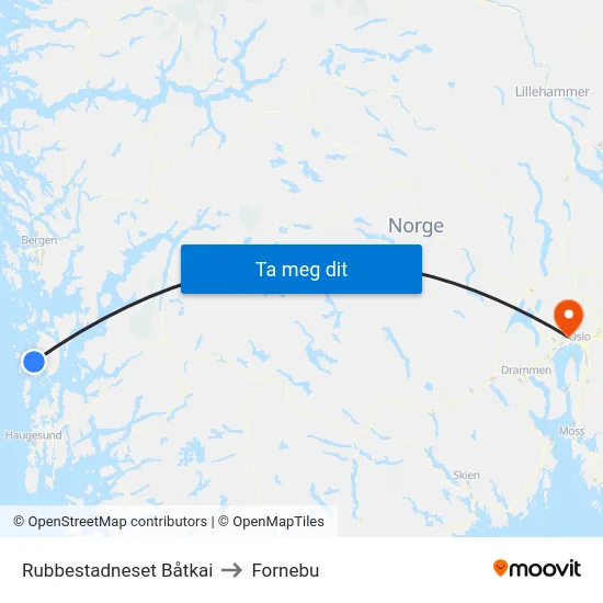 Rubbestadneset Båtkai to Fornebu map