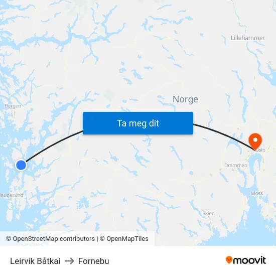 Leirvik Båtkai to Fornebu map