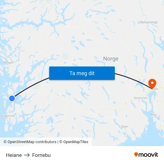 Heiane to Fornebu map