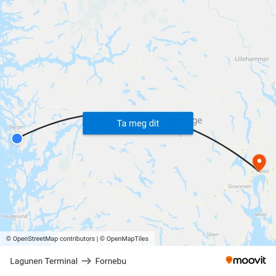 Lagunen Terminal to Fornebu map