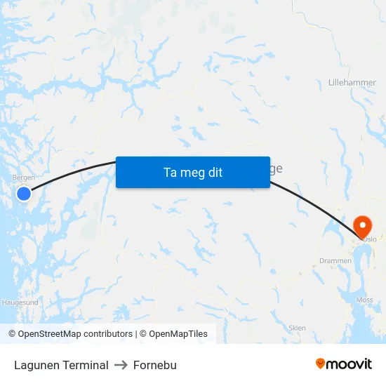 Lagunen Terminal to Fornebu map