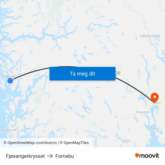 Fjøsangerkrysset to Fornebu map